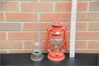 VINTAGE RED LAMP AND CHIMNEY