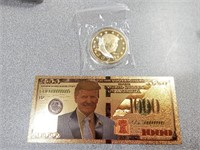Novelty Gold toned Trump coin and $1000 Trump note