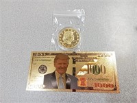 Novelty Gold toned Trump coin and $1000 Trump note