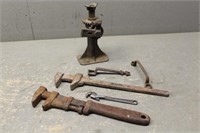(2) Pipe Wrenches, Screw Jack and (3) Wrenches