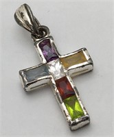 Sterling Silver Colored Stone Cross Pendant