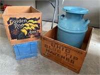 3 - antique wooden crates and milk jug