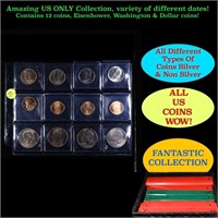 Great Page of 12 US Coins 4x Kennedy Half Dollars,