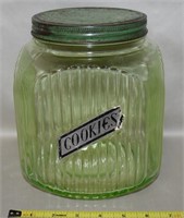 Antique Hoosier Uranium Glass Ribbed Cookie Jar