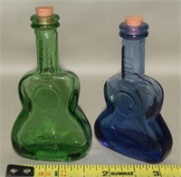 (2) Vtg Taiwan Glass Blue & Green Guitar Bottles