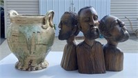 Carved Wood Busts of Bearded Men & Urn