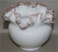 Vtg Fenton Pink Crest Milk Glass Rose Bowl 5"w