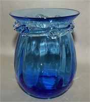 Vtg Pilgrim Blue Optic Mini Vase w/ Rigaree 3 5/8"