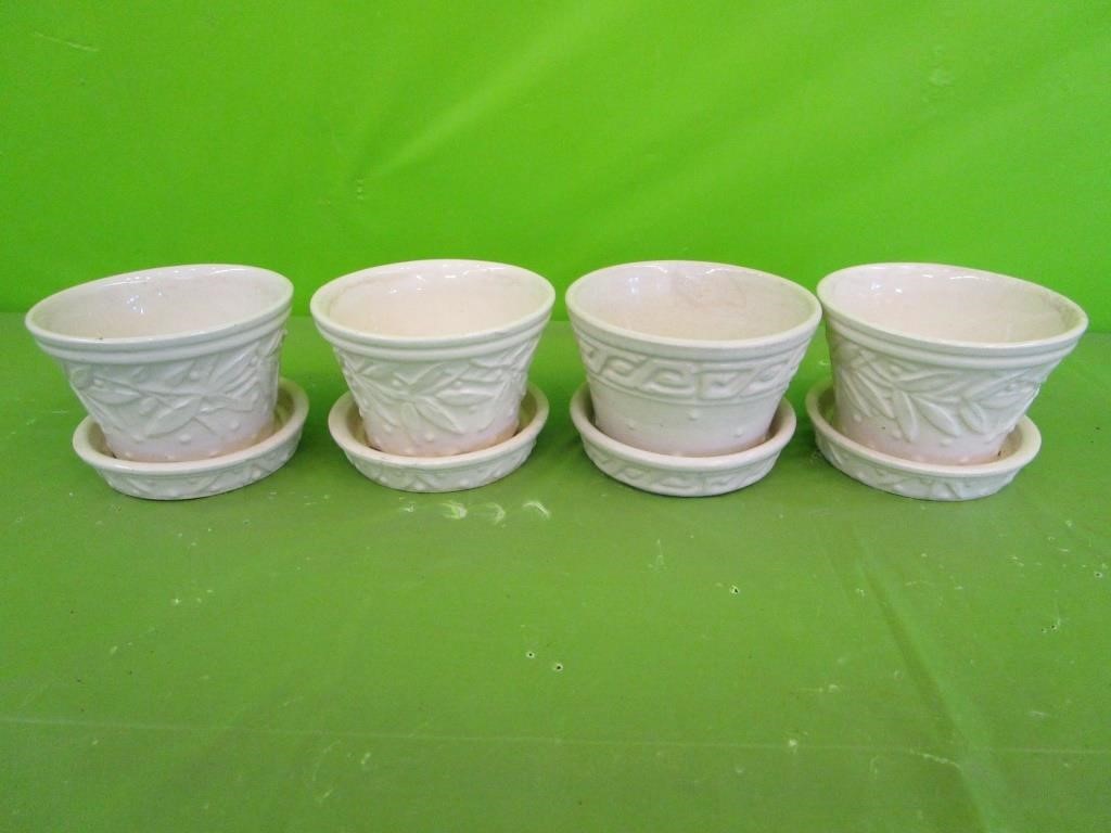 4 McCoy Saucered Pots 4"  (Sm Cracking)