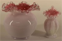 Fenton Pink Crimped Silver Crest Glass Vases