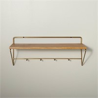 24" Wood & Brass Wall Shelf with Hooks - Hearth &