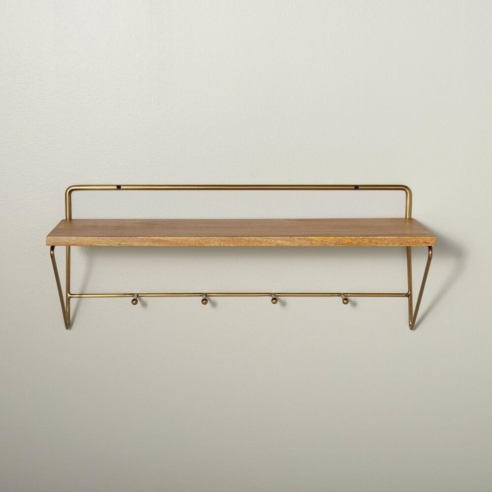 24" Wood & Brass Wall Shelf with Hooks - Hearth &