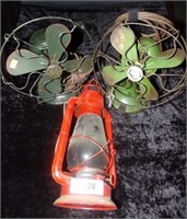 2 Vintage Fans + Oil Lantern