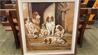 FRAMED OIL PAINTING "DOGS ON THE PORCH"