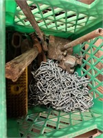 **MILK CRATE WITH LAWN TRACTOR TIRE CHAINS & TOOLS