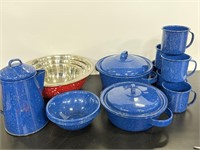 Large lot of enamel cookware and dishware