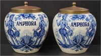 Pair Amphora Delft Tobacco Jars & Covers