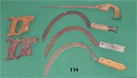 Lot: Keyhole saw; two saw handles; & 3 scythes