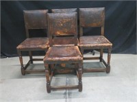 SET 4 OAK ANTIQUE LEATHER CHAIRS W/ BEADED FINISH