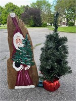 Painted Santa on Wood Slab & Christmas Tree