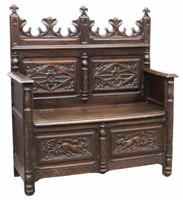 FRENCH GOTHIC REVIVAL WELL-CARVED HALL BENCH