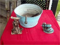 Bench vice, galvanized bucket, old bottle jack