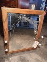 Large Oak Framed Mirror With Twin Coat Hooks.