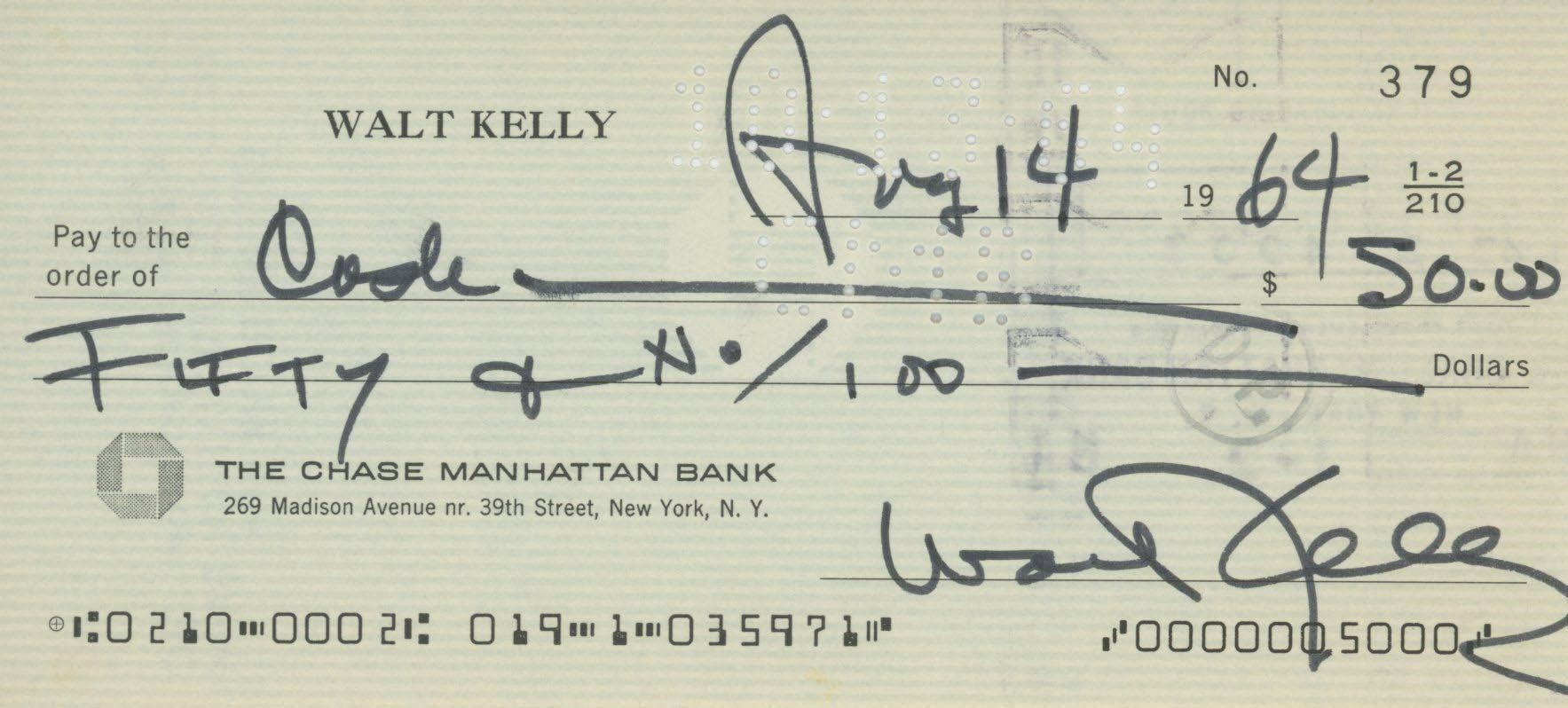 Cartoonist Walt Kelly signed check
