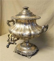 Intricately Etched Silverplate Beverage Dispenser.