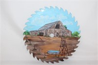 Signed Painted Round Saw Blade Windmill Barn