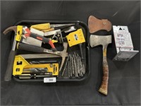 Hatchet, Drill Bits, Square, Tools.