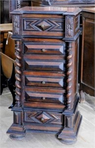 Louis XIV Style Marble Top Walnut Side Chest.