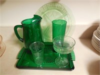 Green Tray, Pitcher, Cups, 5pcs