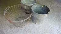 wire basket with handle, two galvanized pails, Vin