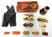 Lot of 13,Assort Toys,Tin Cylinder,Fan,Jeans