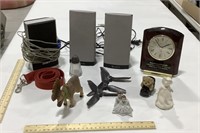 Kinyo & Sony speakers w/ clock & figurines