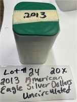LOT#24) 20X-2013 AMERICAN EAGLE SILVER DOLLARS UNC
