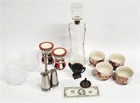 ASIAN POTTERY, BRASS, DECANTER, TUMBLERS, NO SHIP
