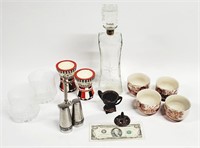 13pc ASIAN POTTERY, BRASS, GLASS DECANTER, TUMBLER