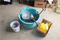 TUB OF MISC., BUCKET & BOX OF WORK GLOVES