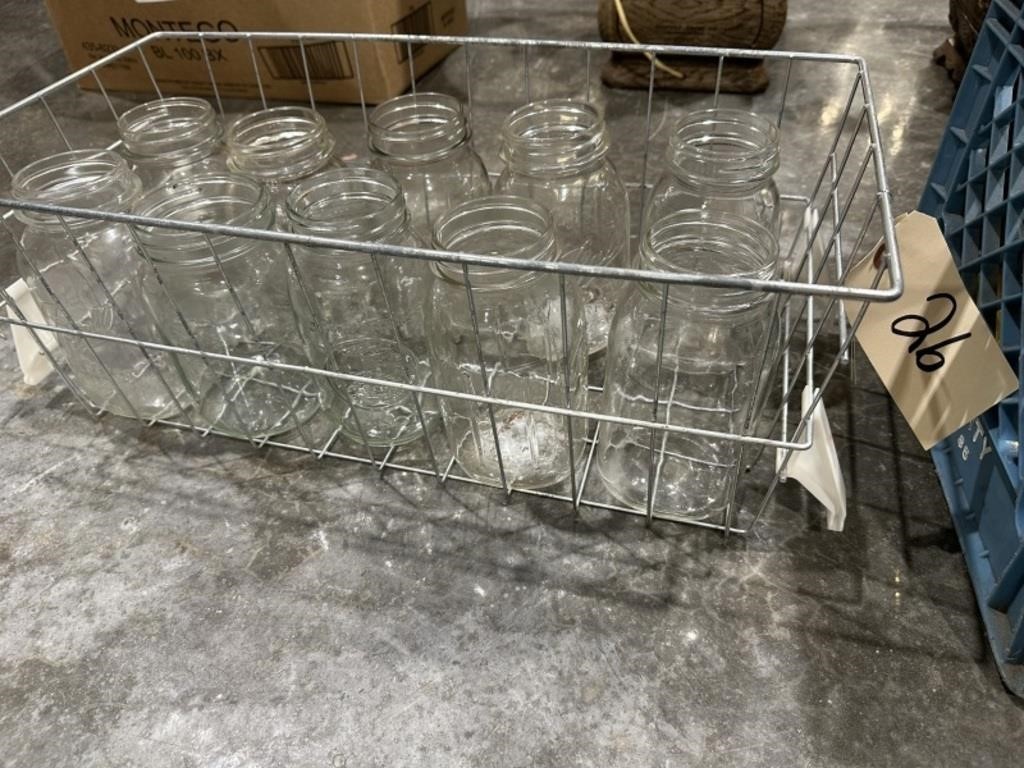 10 Assorted Mason Jars, Metal Basket