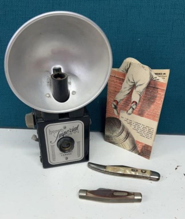 Vintage Herco Imperial camera, Stover Card, Knives