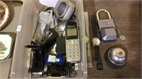 Box lot with house phone, pad lock, desk bell,