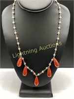STERLING SILVER CINNABAR DROPS BEADED NECKLACE