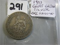 1913 Silver Great  Britain One Shilling Coin