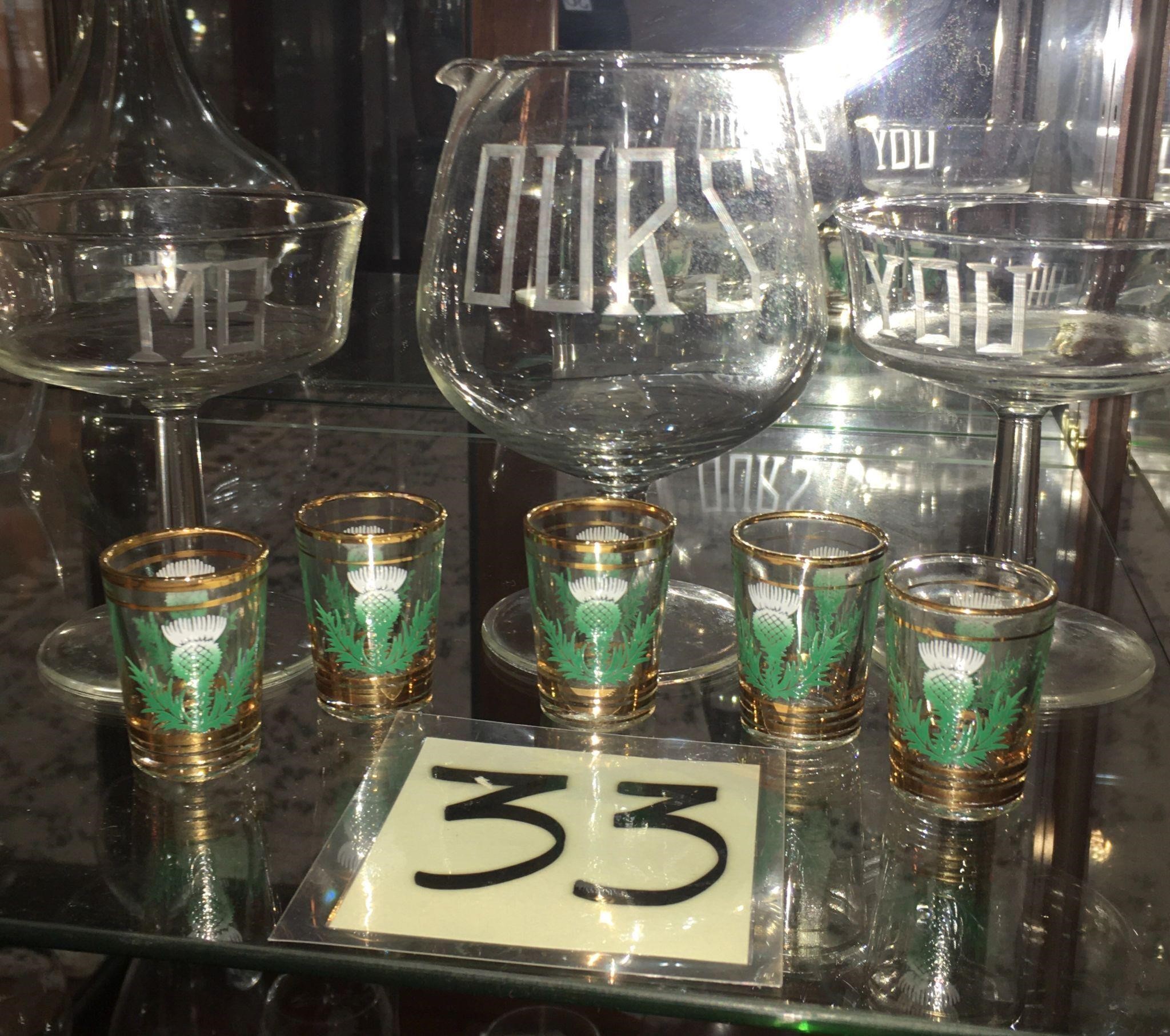 Vintage Cocktail Glass Set & Thistle Shot Glasses