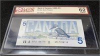 1986 Canadian 5 Dollar Bill BCS Graded 62