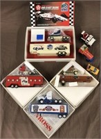 4 Winross trucks, Mario Andretti bank, misc toys