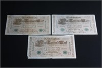 3 Pcs 1910 GER 1000 Mark Banknote