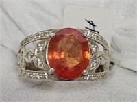 RING MARKED 925 SILVER OVAL ORANGE STONE